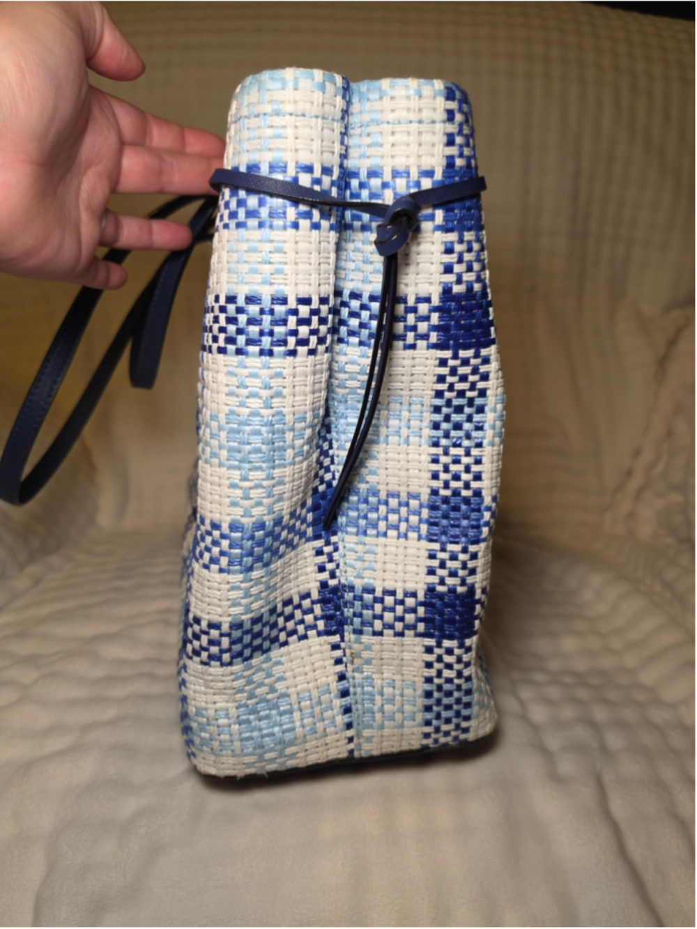 Women's Kate Spade Plaid Woven Tote Bag One Size Blue and White - Picture 6 of 9